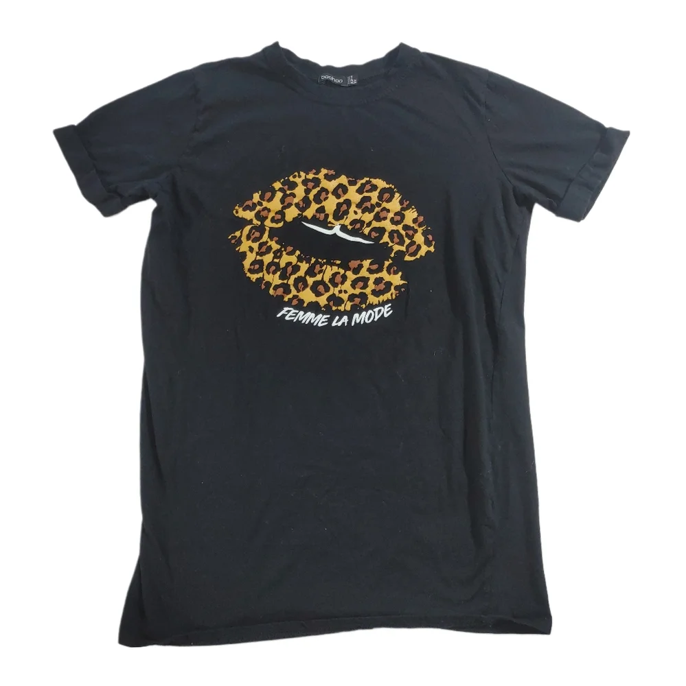 Boohoo Cheetah Lip Femme La Mode Black Short Sleeve T-shirt - 4 - Picture 1 of 8